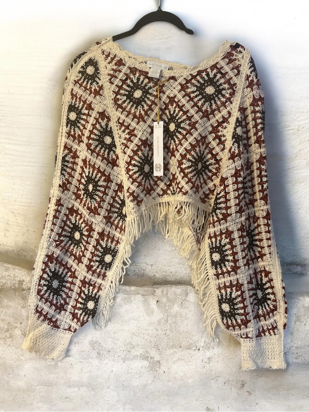 House of Harlow 1960 Crochet Fringe Poncho Sweater in Cream, Burgundy & Black